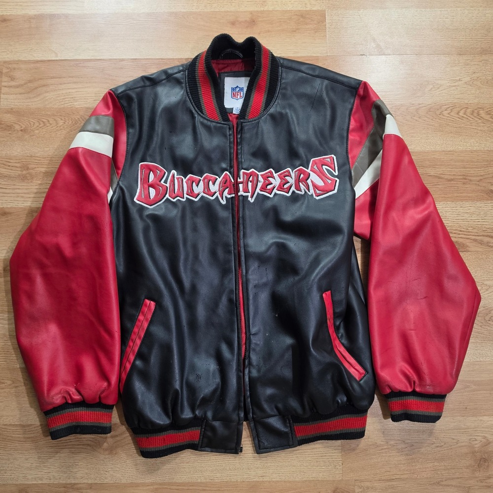 NFL Tampa Bay Buccaneers Jacket Mens Medium Varsity Faux Leather Black Red